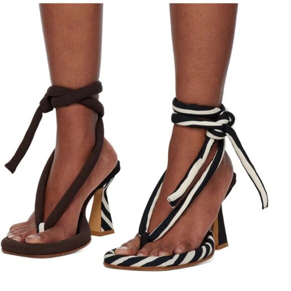 FSJ Zebra Print and Brown Mismatch Shoes Flared Heel Lace Up Sandals - Picture 1 of 8